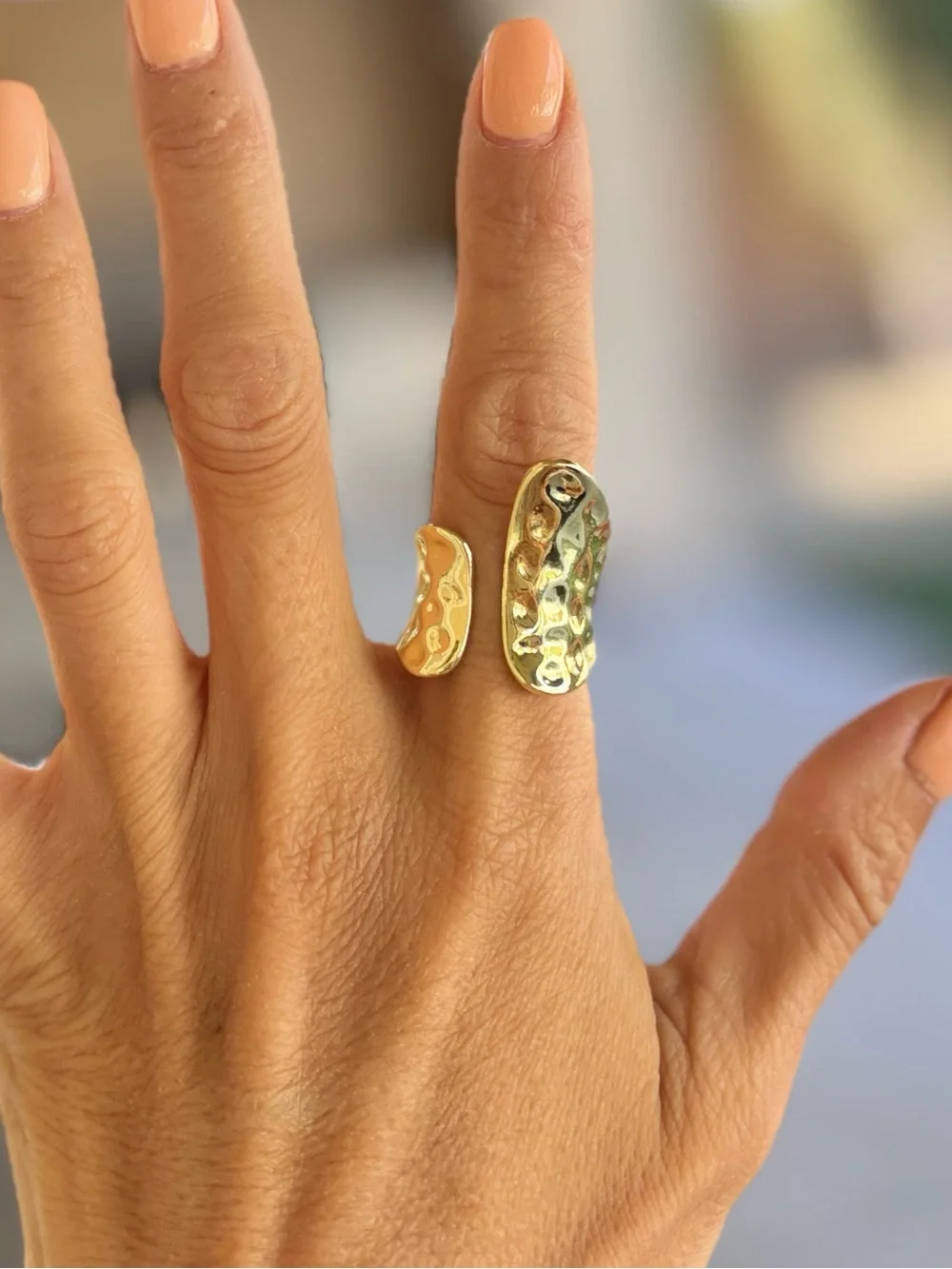 Gold Open Wrap Hammered Texture Statement Ring Adjustable